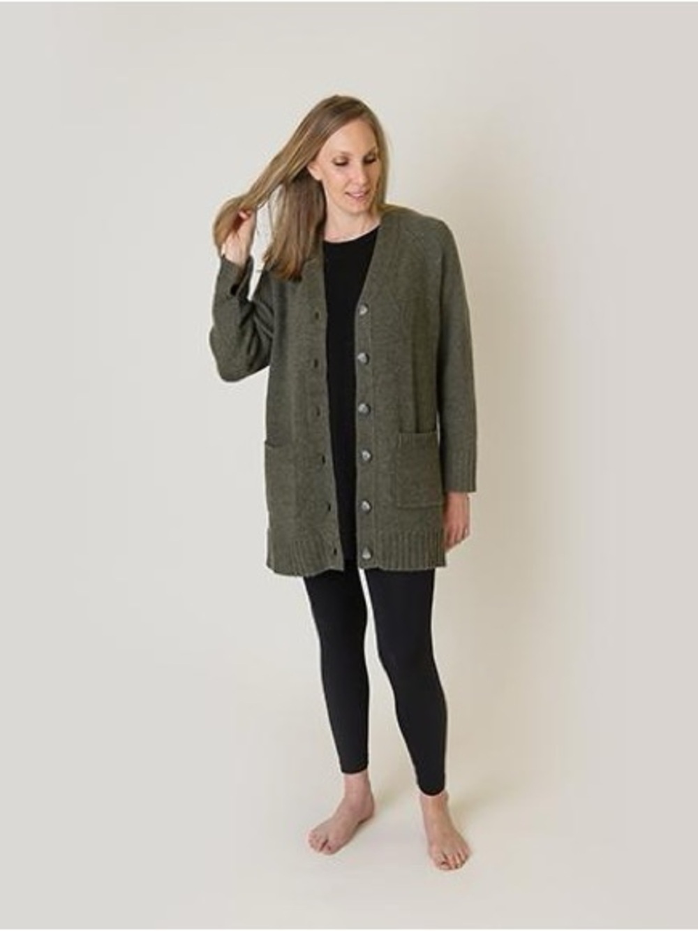 Olive Green Button-Front Chunky Cashmere Knit Cardigan Sweater